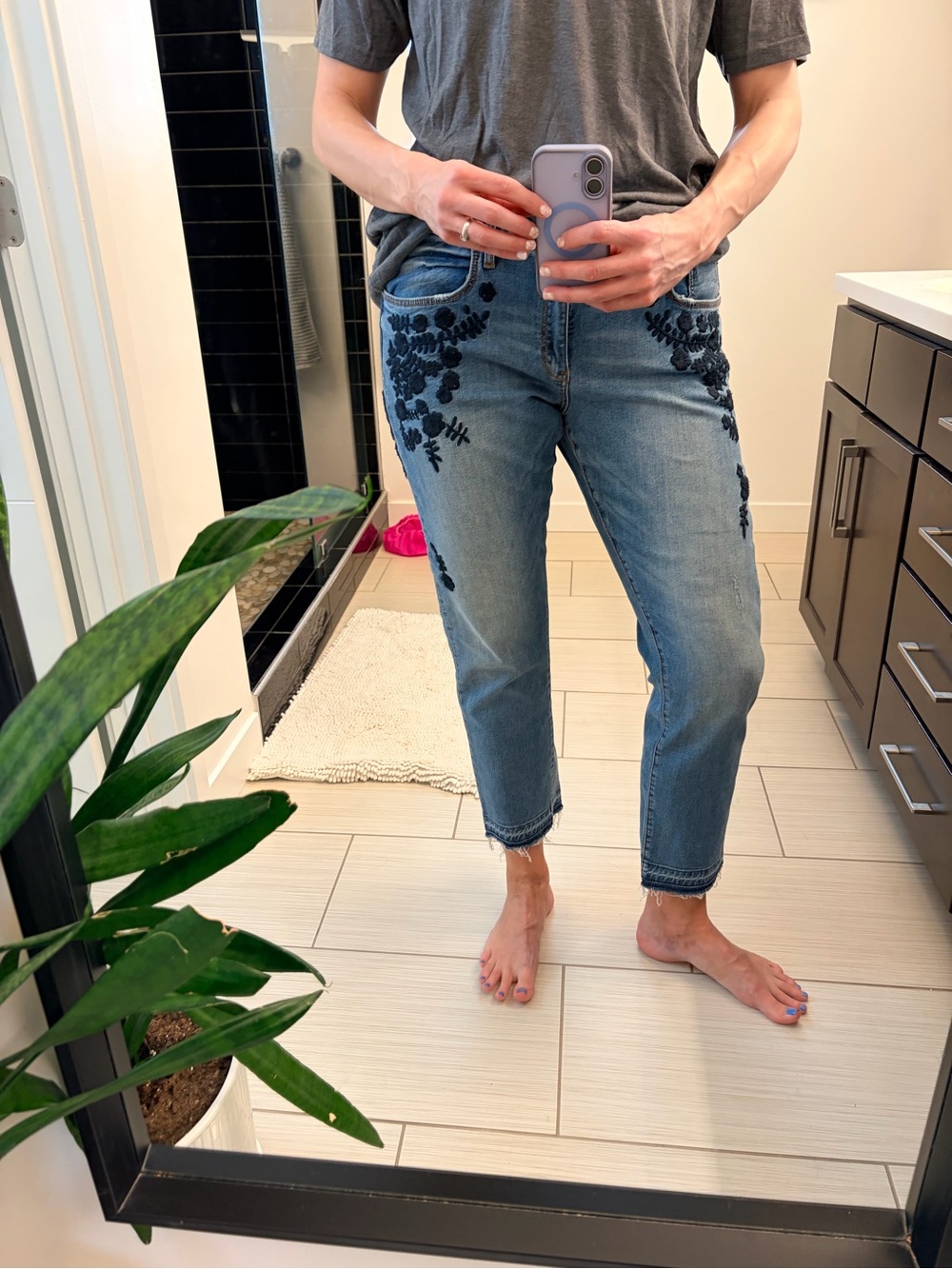 Pilcro Light Blue Cropped Jeans with Navy Floral Embroidery